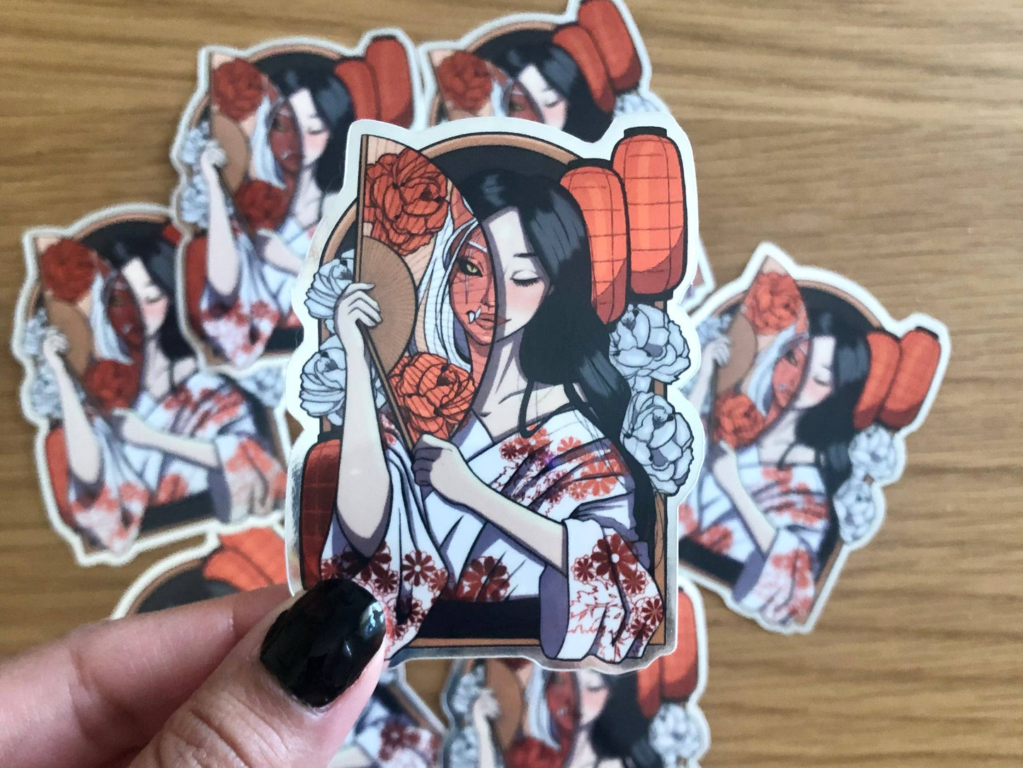 Oni Girl with Fan Waterproof Matte Mirror Sticker