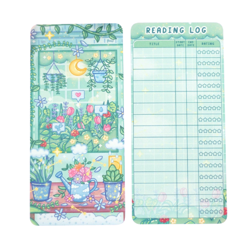Reading log with garden-themed cover on a white background