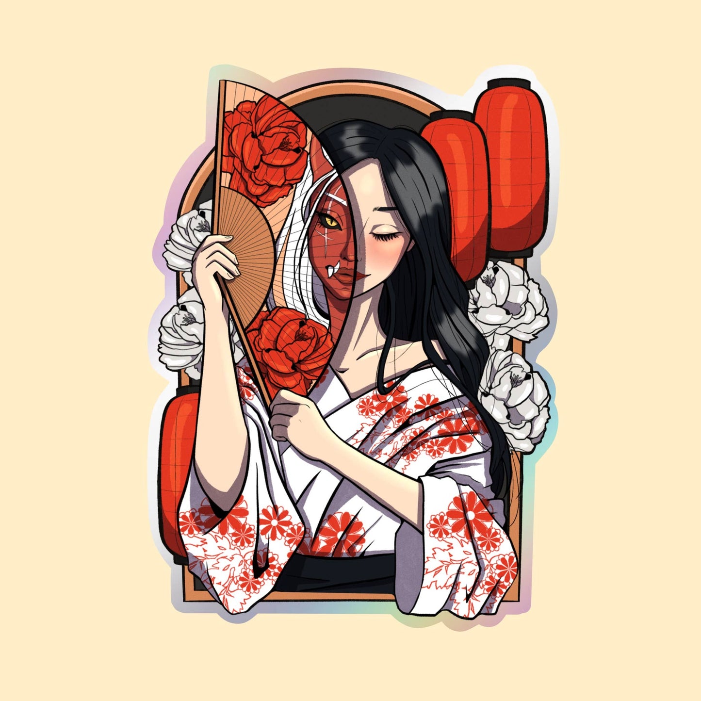 Oni Girl with Fan Waterproof Matte Mirror Sticker