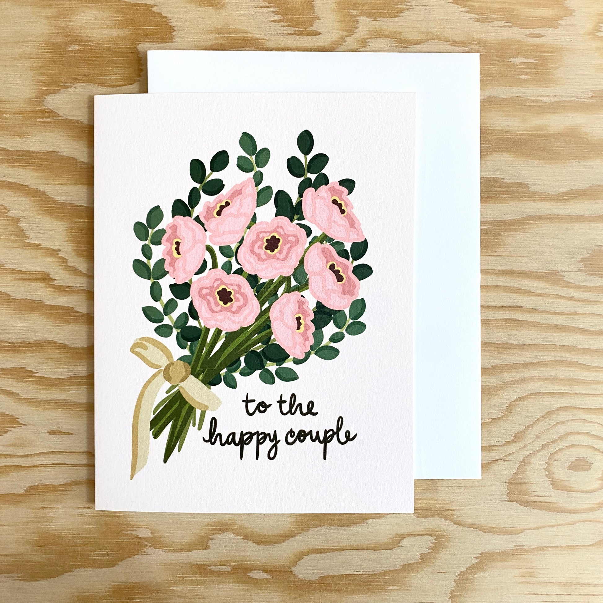 A greeting card with a pink flower bouquet design to congratulate new couples on their marriage.