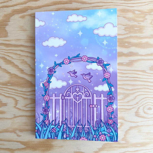 A journal with blue and purple cosmic background, a pink and purple flower arch, a gate, and two doves flying.