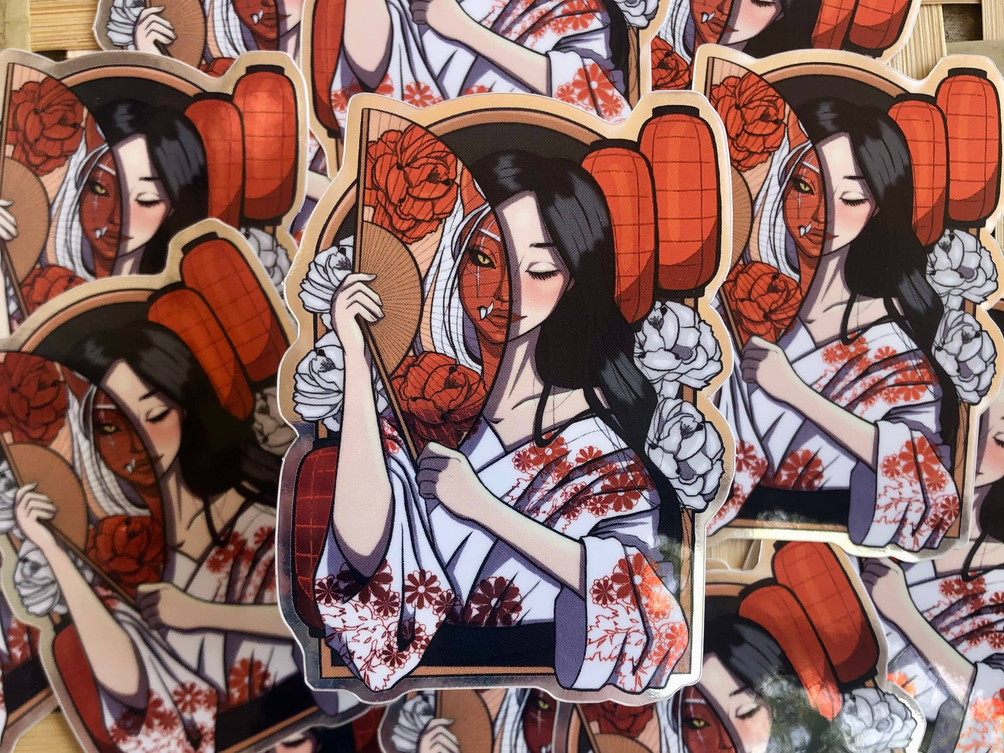 Oni Girl with Fan Waterproof Matte Mirror Sticker