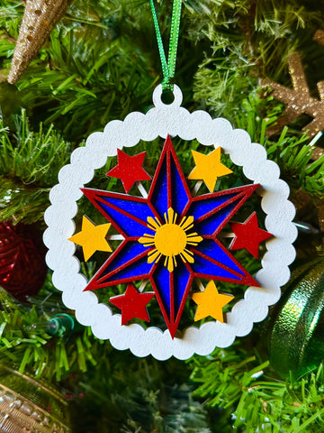 Filipino Parol Round Wood Ornament - White, Blue, Red with stars
